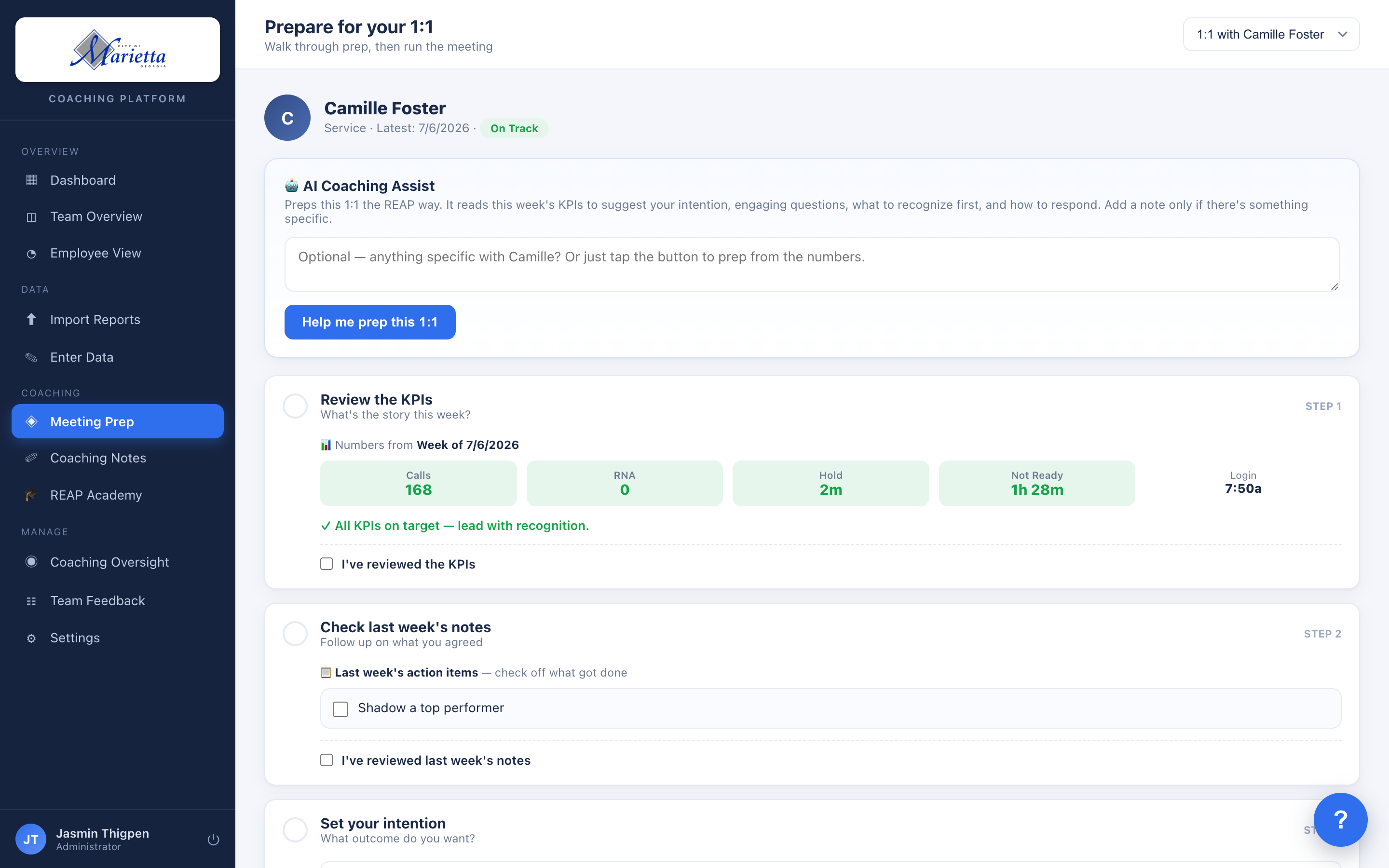 Guided 1:1 prep: the numbers, last week's action items, and your intention in one place